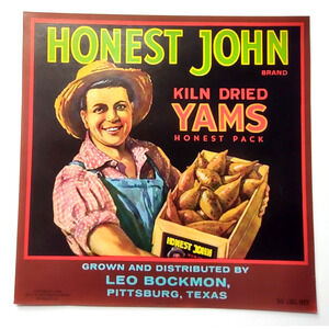 Honest John Kiln Dried Yams Vegetable Label Vintage Original 1940's Pittsburg TX